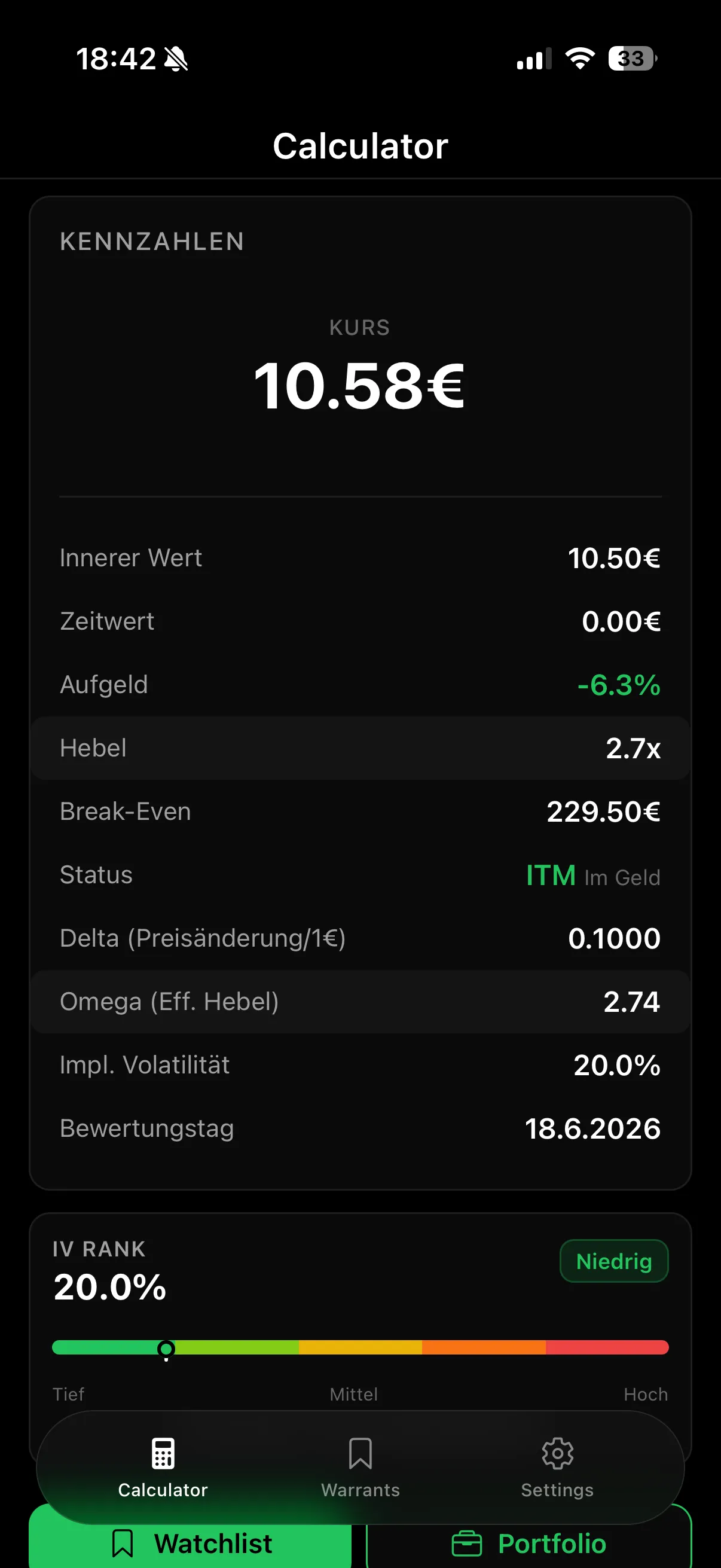 Derivate Calculator - Kennzahlen und Greeks