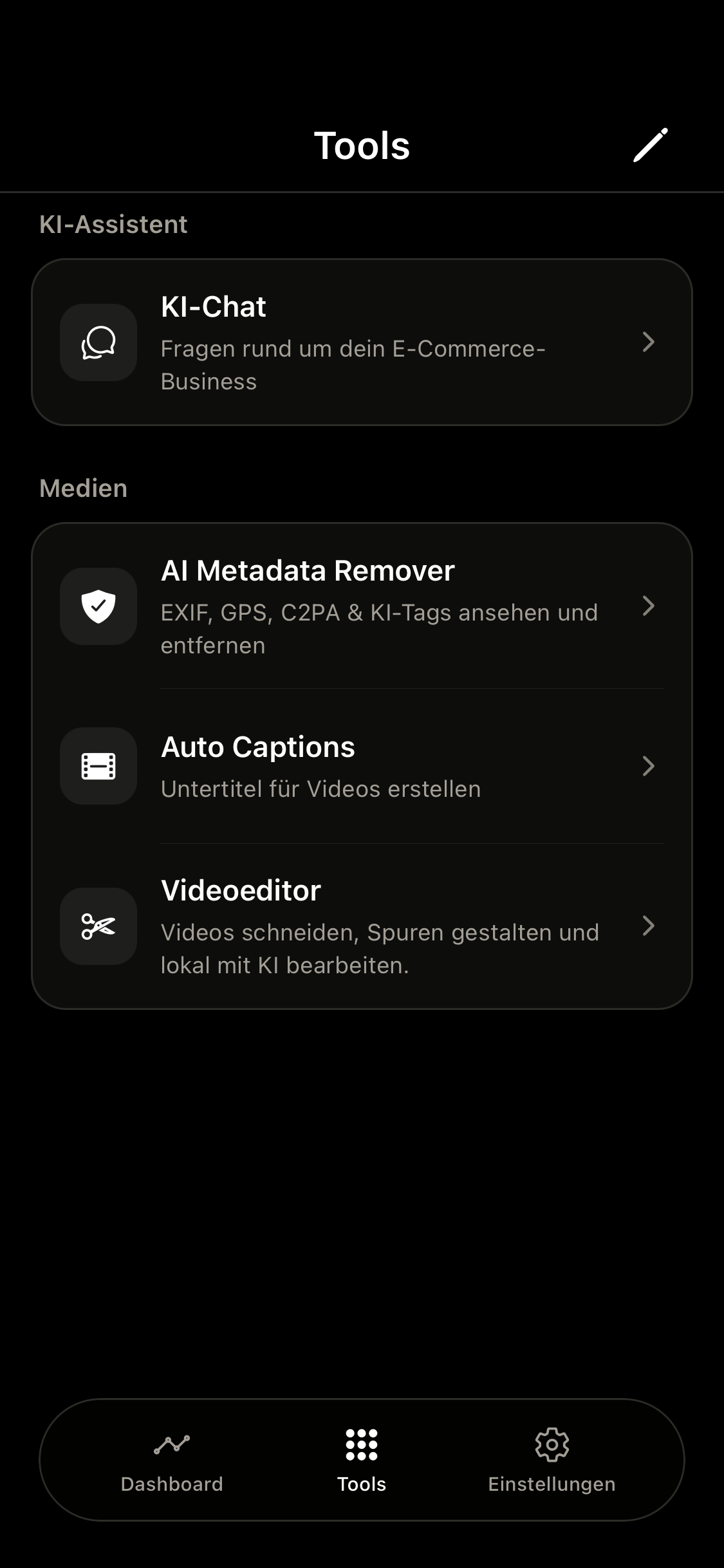 EcomTools on iPhone, shown in German. Add more tools using the pencil.